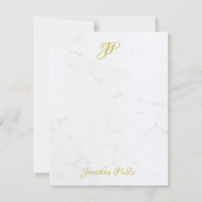 Elegant Guld Hand-skript Monogram White Marble Anteckningskort (Framsida)