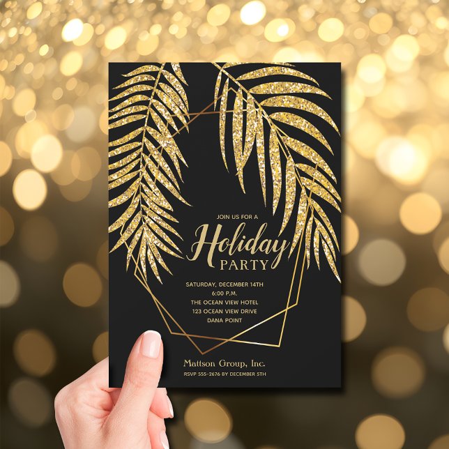 Elegant Guld Handflatan Helgdag jul i Glitter Inbjudningar (Elegant Gold Glitter Palm Holiday Christmas Invitations - INSTANT DOWNLOAD and/or PRINTED)