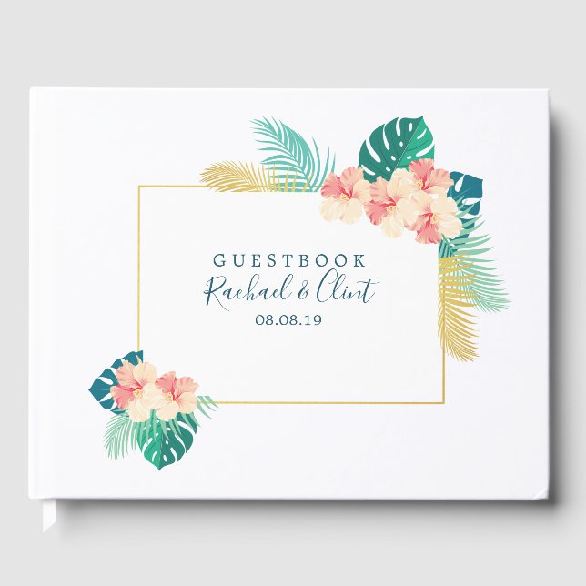 Elegant Guld Hawaiian Hibiscus Bröllop Guestbook Gästböcker (Framsida)