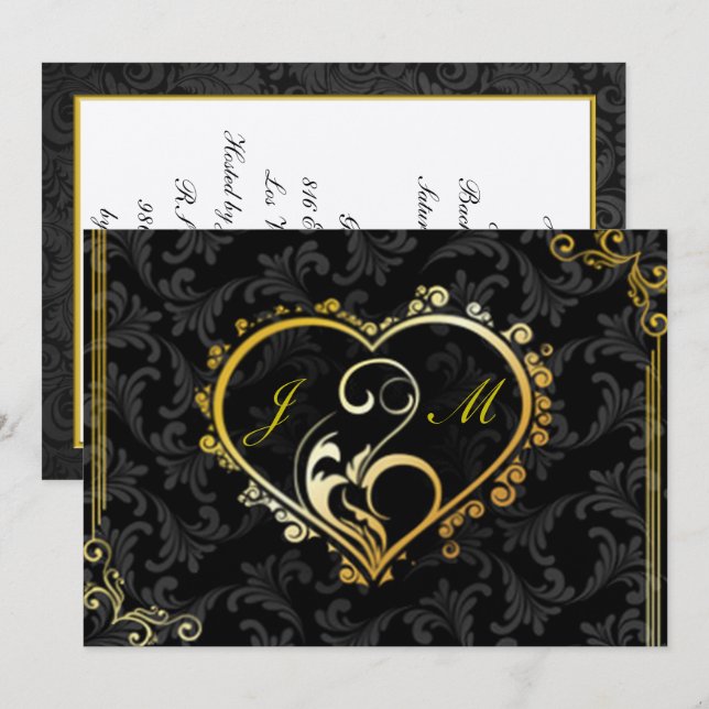 Elegant Guld Heart Monogram Bachelorette Party Inbjudningar (Fram/baksida)