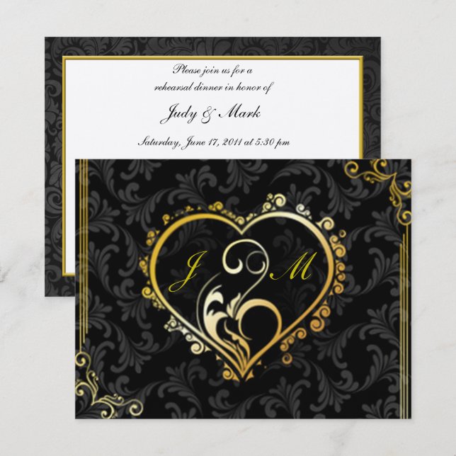 Elegant Guld Heart Monogram Rehearsal Dinner Invit Inbjudningar (Fram/baksida)