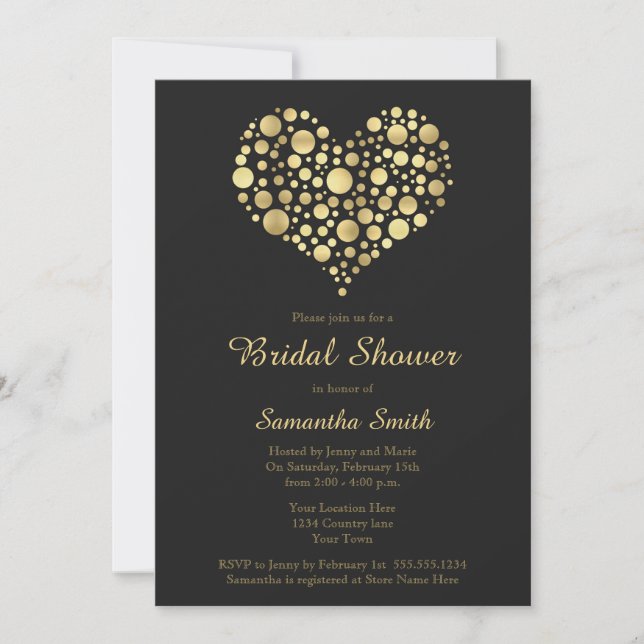 Elegant Guld Heart på Dusty Black Möhippa Inbjudningar (Framsida)