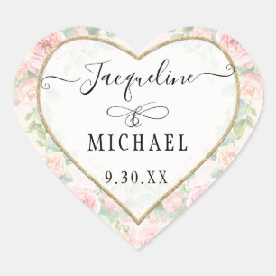 Elegant Guld Heart Script Rosa Blommigt Löv Hjärtformat Klistermärke