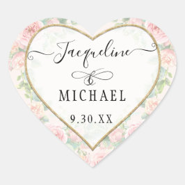 Elegant Guld Heart Script  Rosa Blommigt Löv Hjärtformat Klistermärke