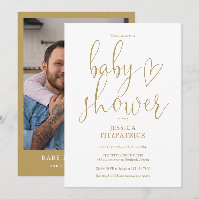 Elegant Guld Heart-skript Fotobabyskor Inbjudningar (Fram/baksida)