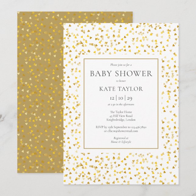 Elegant Guld Hearts Confetti Baby Shower Inbjudningar (Fram/baksida)