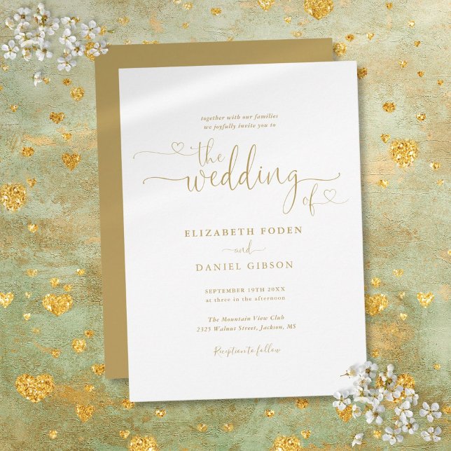 Elegant Guld Hearts-skript Calligraphy Bröllop Inbjudningar (Elegant Gold Hearts Script Calligraphy Wedding Invitation)