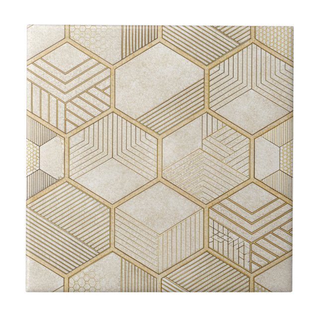 Elegant guld hexagon geometrisk mönster - Marmor 3 Kakelplatta (Framsidan)