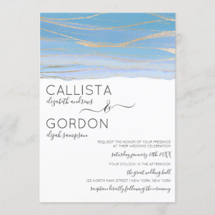 Elegant Guld Himmel Blue Veed Watercolor Bröllop Inbjudningar