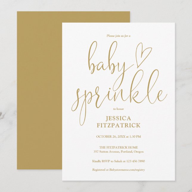 Elegant guld hjärta script baby shower inbjudningar (Fram/baksida)