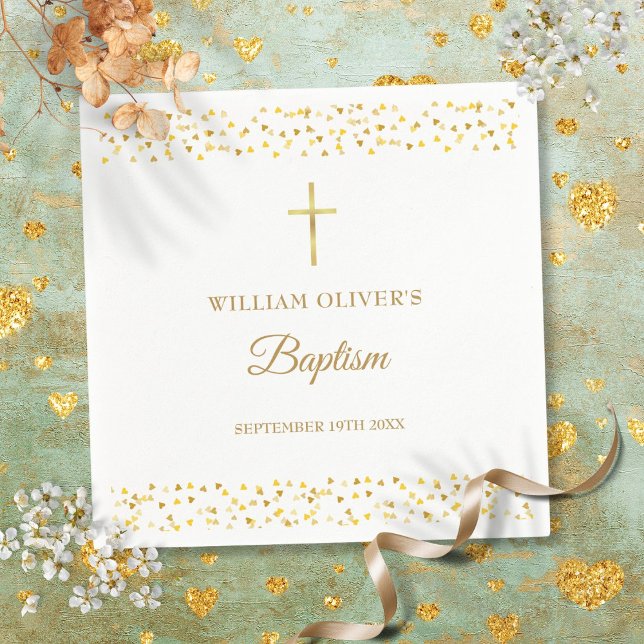 Elegant guld hjärtan dop pappersservett (Elegant Gold Hearts Baptism Christening Napkins)