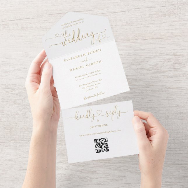 Elegant Guld Hjärtan Script QR-kod Bröllop (Avrivbar del)
