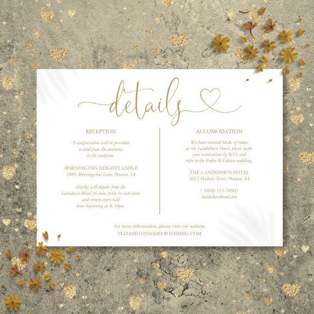 Elegant Guld Hjärtmanus Bröllopsdetaljkort Inbjudningar (Elegant Gold Heart Script Wedding Details Card)