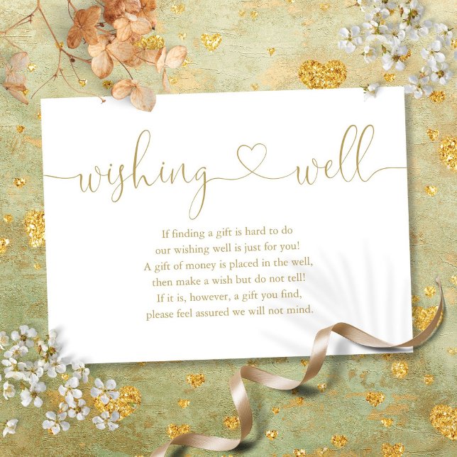Elegant Guld Hjärtmanus Önskebrunn Bröllop Tilläggskort (Elegant Gold Heart Script Wishing Well Wedding Enclosure Card)