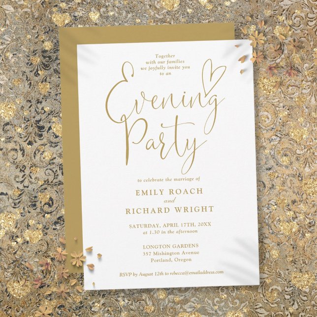 Elegant guld hjärtskrift bröllopsfest på kvällen inbjudningar (Elegant Gold Heart Script Wedding Evening Party Invitation)