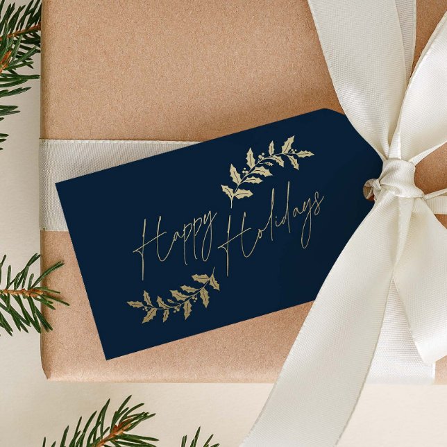 Elegant Guld Holly Grenar jul Helgdag Presentetikett (Gold and Navy Blue Happy Holidays Script Gift Tags.)