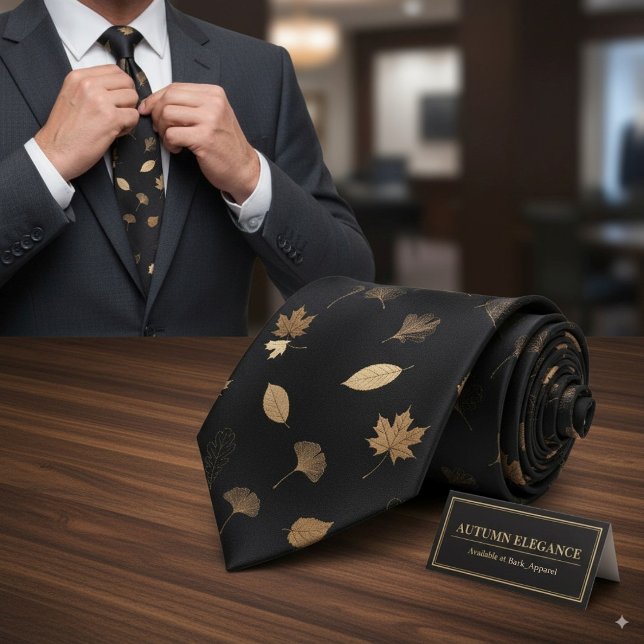 Elegant Guld Höstlöv Svart Höst Tema Slips (Skapare uppladdad)