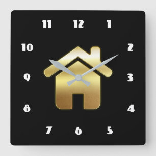 Elegant Guld House Symbol Real Gods Design Fyrkantig Klocka