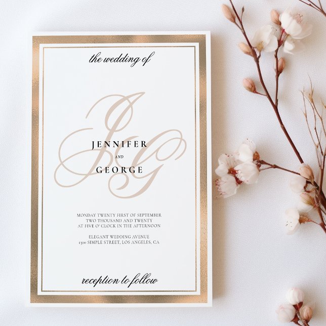 Elegant, guld, initialer bröllop inbjudningar (Elegant white rose gold monogram initials wedding)