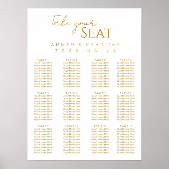Elegant guld islamisk bröllops sittplatskarta affi poster (Framsidan)