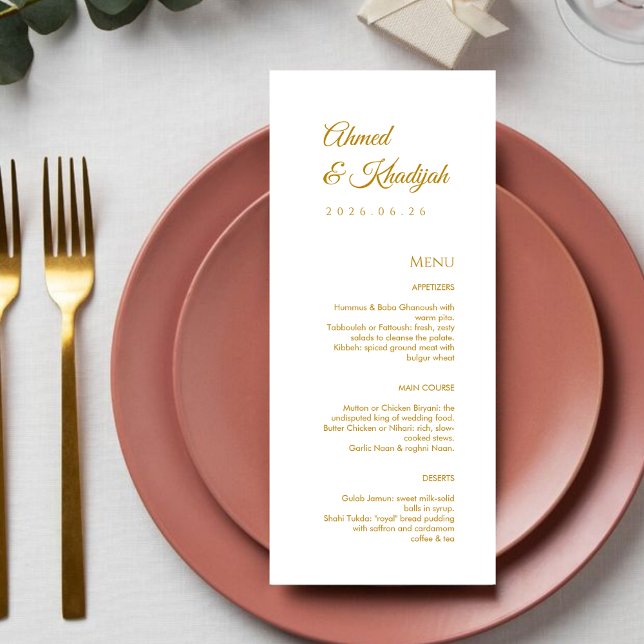 Elegant guld islamisk bröllopsmeny Kort platt meny (Skapare uppladdad)