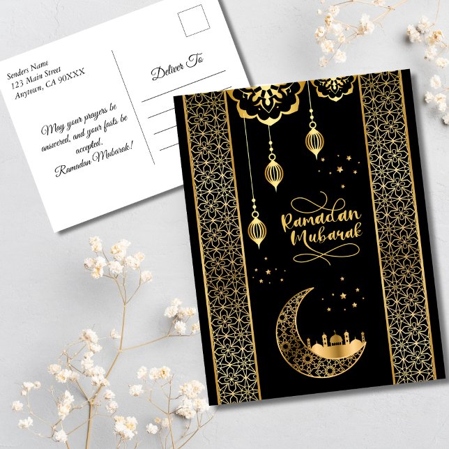 Elegant Guld Islamiska Mönster Ramadan Mubarak Vykort (Elegant Gold and Black Islamic Patterns Ramadan Mubarak Postcard)