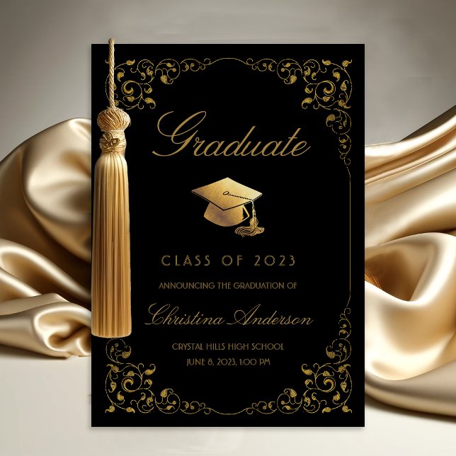 Elegant Guld Ivy Grad Cap Black Studenten Meddelande (Gold Ivy Leaf on Black Graduation Announcement)