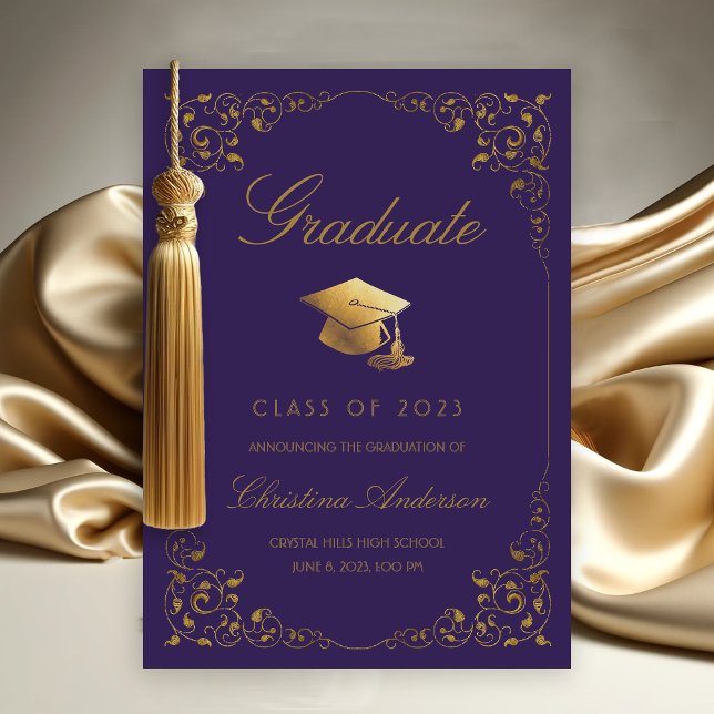 Elegant Guld Ivy Grad Cap Lila Studenten Meddelande (Gold Ivy Leaf on Purple Graduation Announcement)