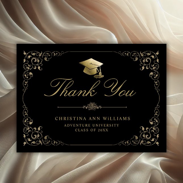 Elegant Guld Ivy Script Black Studenten Tack Kort (Elegant Ivy Gold Leaf Graduation Thank You Card)