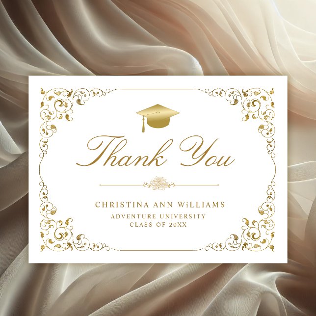 Elegant Guld Ivy Script White Studenten Tack Kort (Elegant white and gold ivy leaf Graduation Thank you card)