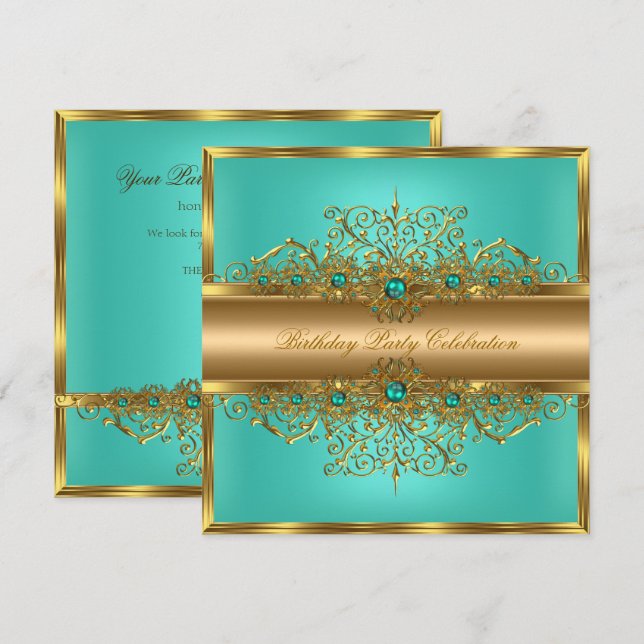 Elegant Guld Jade Turkos Pärlor Födelsedagsfest Inbjudningar (Fram/baksida)