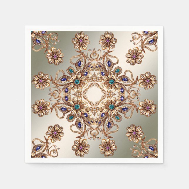 Elegant Guld Jewel Flowers Napkins Pappersservett (Framsidan)