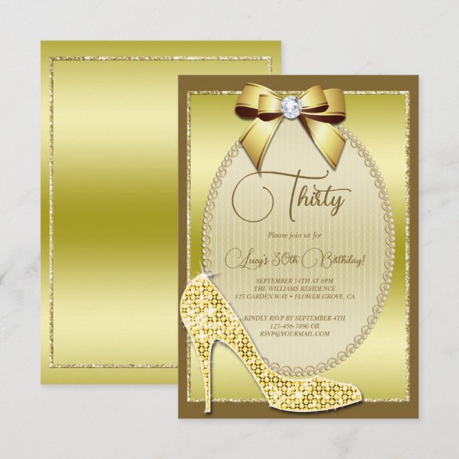 Elegant Guld Jeweld Bow & Stiletto Birthday Inbjudningar (Fram/baksida)