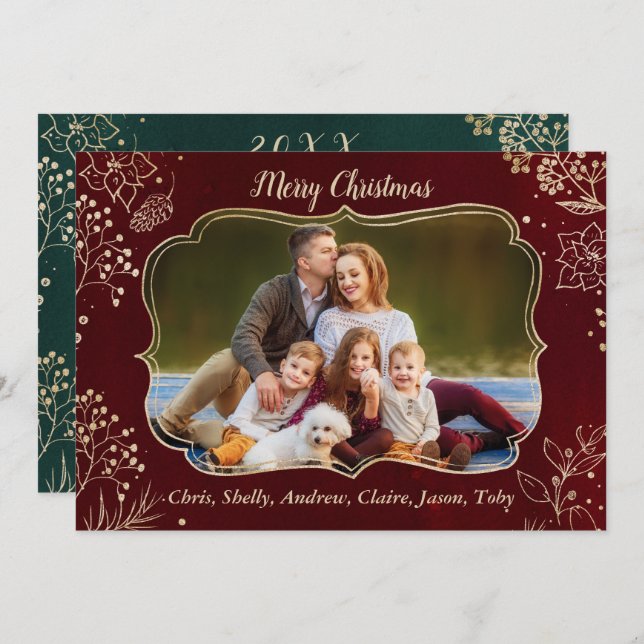 Elegant Guld jul Blommigt 2 Foto Ram Julkort (Fram/baksida)