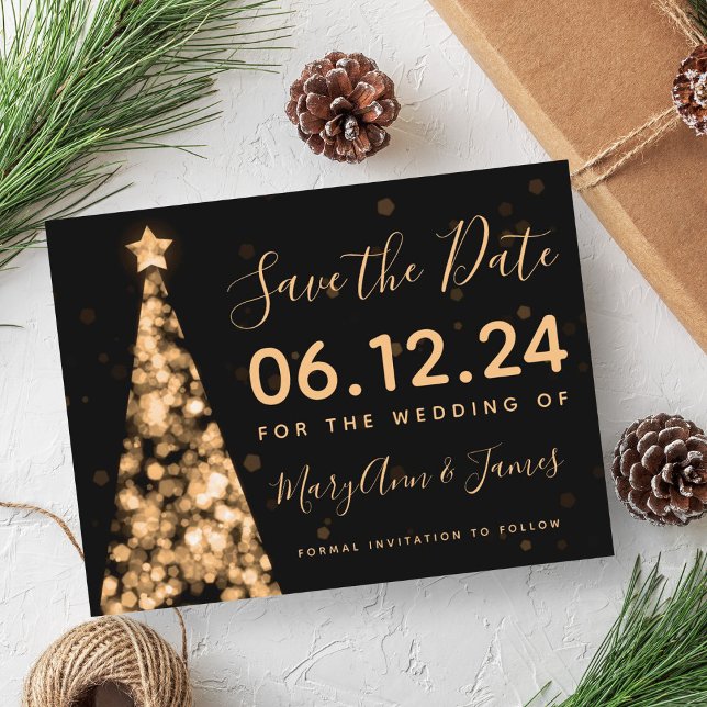 Elegant Guld jul Bröllop spara datum Meddelande Vykort (Elegant Gold Christmas Wedding Save The Date Announcement Postcard)