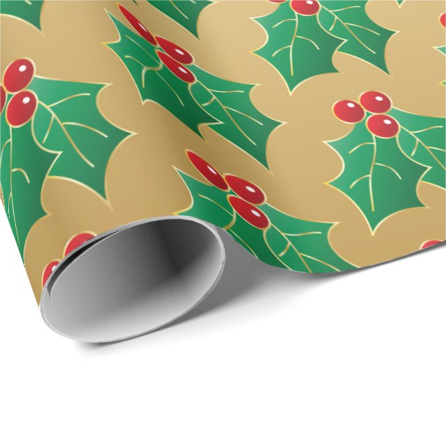 Elegant Guld jul Holly Gift Wrap Presentpapper (Rullad Hörn)