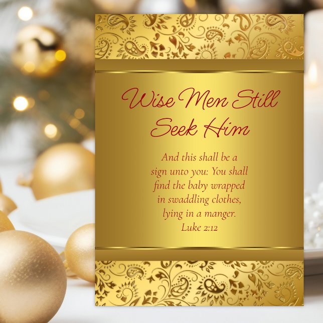 Elegant guld jul kristen helgkort (Christian Christmas card with elegant gold swirls and Bible scriptures.)