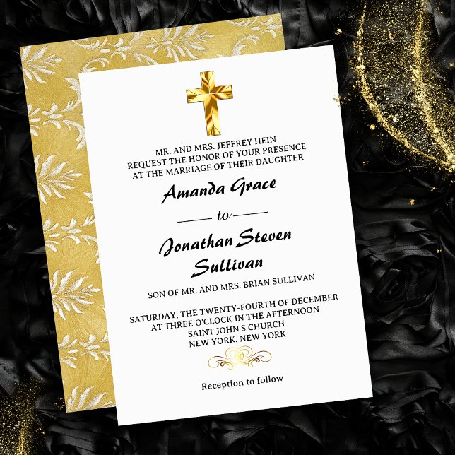 Elegant Guld jul Kväll Christian Kor Bröllop, Inbjudningar (Elegant Gold Christmas Eve Christian Cross Wedding Invitation)