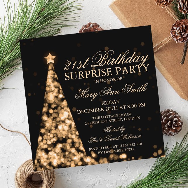 Elegant Guld jul - överraskning 21:a födelsedag Inbjudningar (Elegant Gold Christmas Surprise 21st Birthday Invitation)