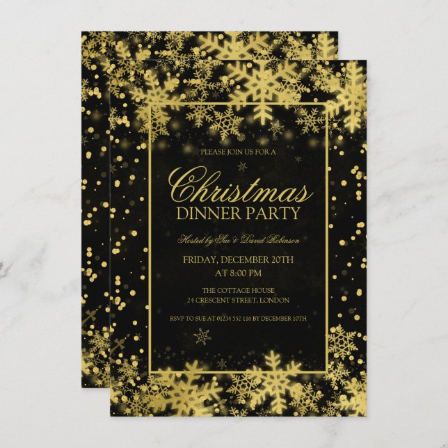 Elegant Guld jul Party Winter Snöflingor Inbjudningar (Fram/baksida)