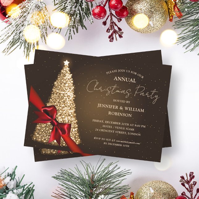 Elegant Guld Julafton Träd Ribbon Julfest Inbjudningar (Elegant Gold Xmas Tree Ribbon Holiday Party Invitation)