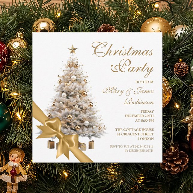 Elegant Guld Julgran & Bow Julfest Inbjudningar (Elegant Gold Christmas Tree & Bow Holiday Party Invitation)