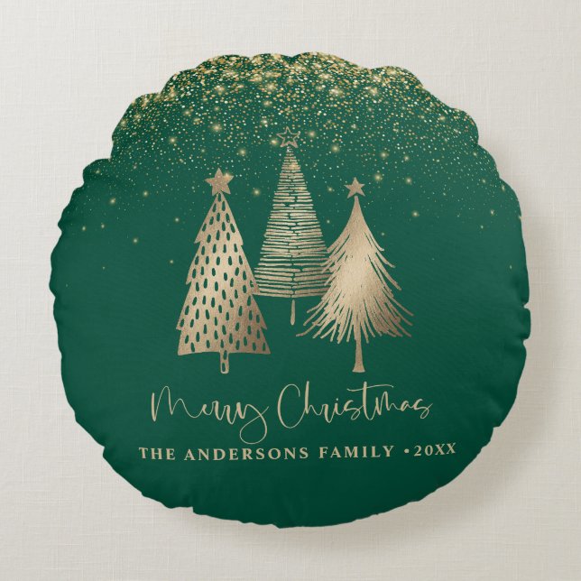 Elegant Guld Julgran Glitter Snö Rund Kudde (Framsidan)