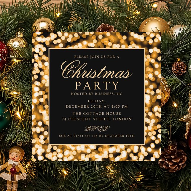 Elegant Guld julString Ljus Julfest  Inbjudningar (Elegant Gold Christmas String Lights Holiday Party Invitation)