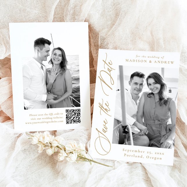 Elegant Guld kalligrafi 2 Foto QR-kod Bröllop Spara Datumet (Skapare uppladdad)