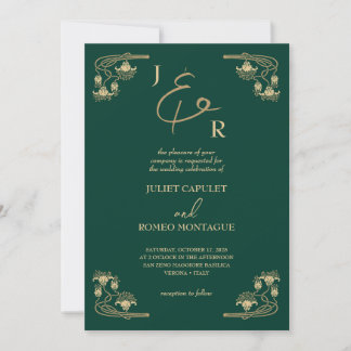 Elegant guld kalligrafi Art Deco på grönt bröllop Inbjudningar
