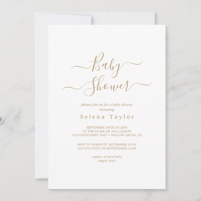 Elegant guld kalligrafi baby shower inbjudan (Framsida)