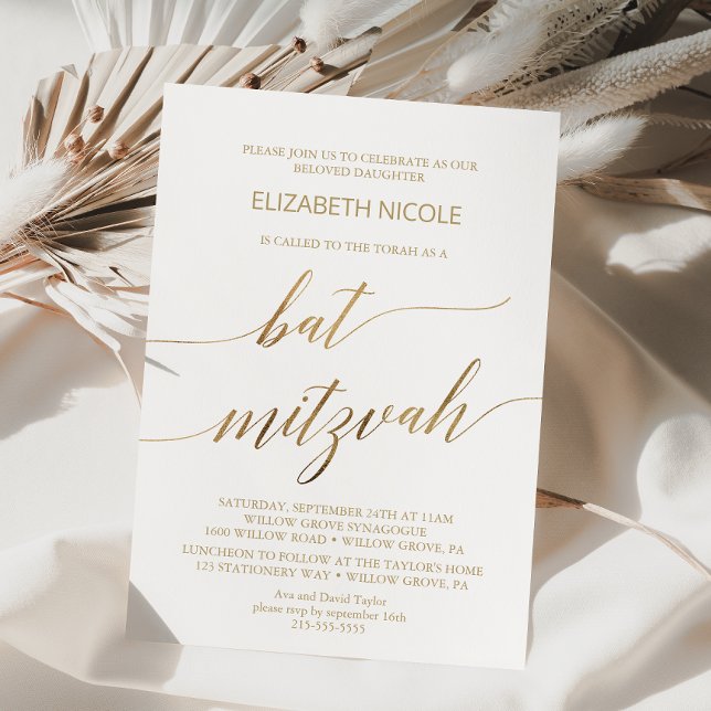 Elegant Guld Kalligrafi Bat mitzvah Inbjudningar (Skapare uppladdad)