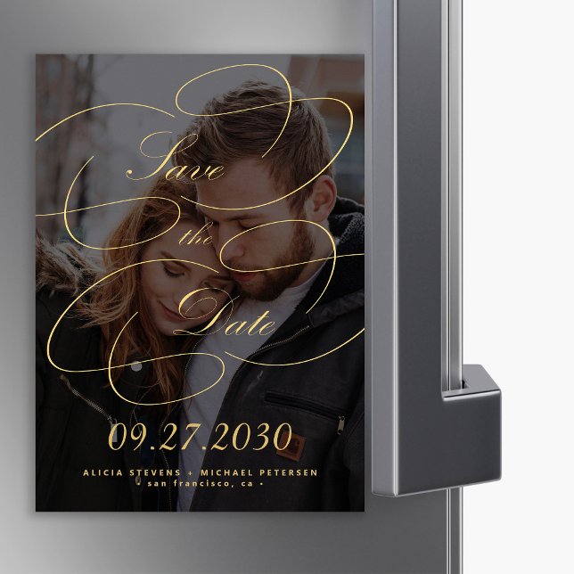 Elegant guld kalligrafi foto bröllop spara magnetisk inbjudningskort (Skapare uppladdad)