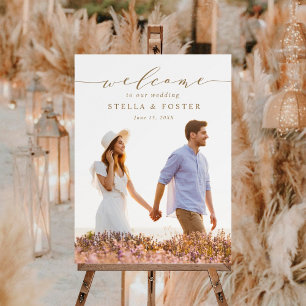 Elegant guld kalligrafi foto bröllops välkomstskyl poster